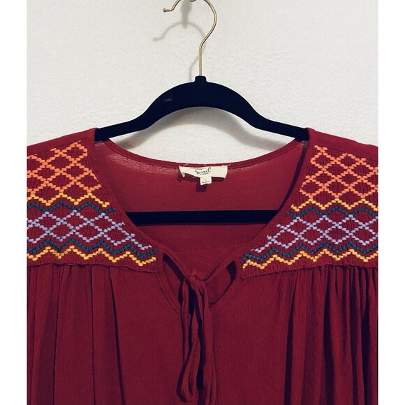 Easel Top Womens Large Red Embroidered Peasant Tie Neck Puffy Sleeve Boho Hippie - Picture 2 of 6